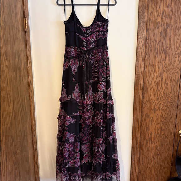 Bebe Black and Purple Ruffle Flowy Maxi Dress Bohemian V-Neck - Picture 7 of 7
